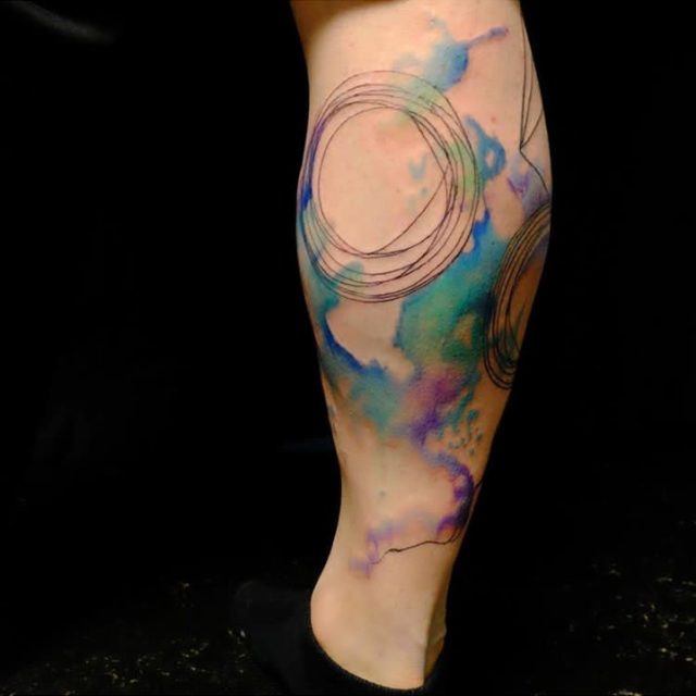 Abstract tesseract watercolor tattoo, tattooed in Hanover, Maryland